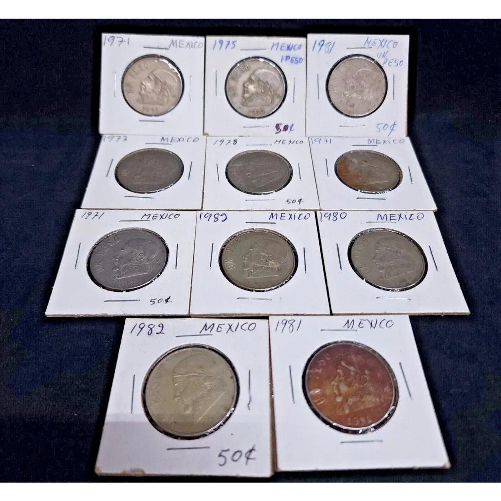 Lot Of 11 Old Vintage Mexican Un Peso Coins 1971 - 1982 Fine Mexico Pesos Coin